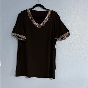 Black V-Neck Top with Embellished Trim